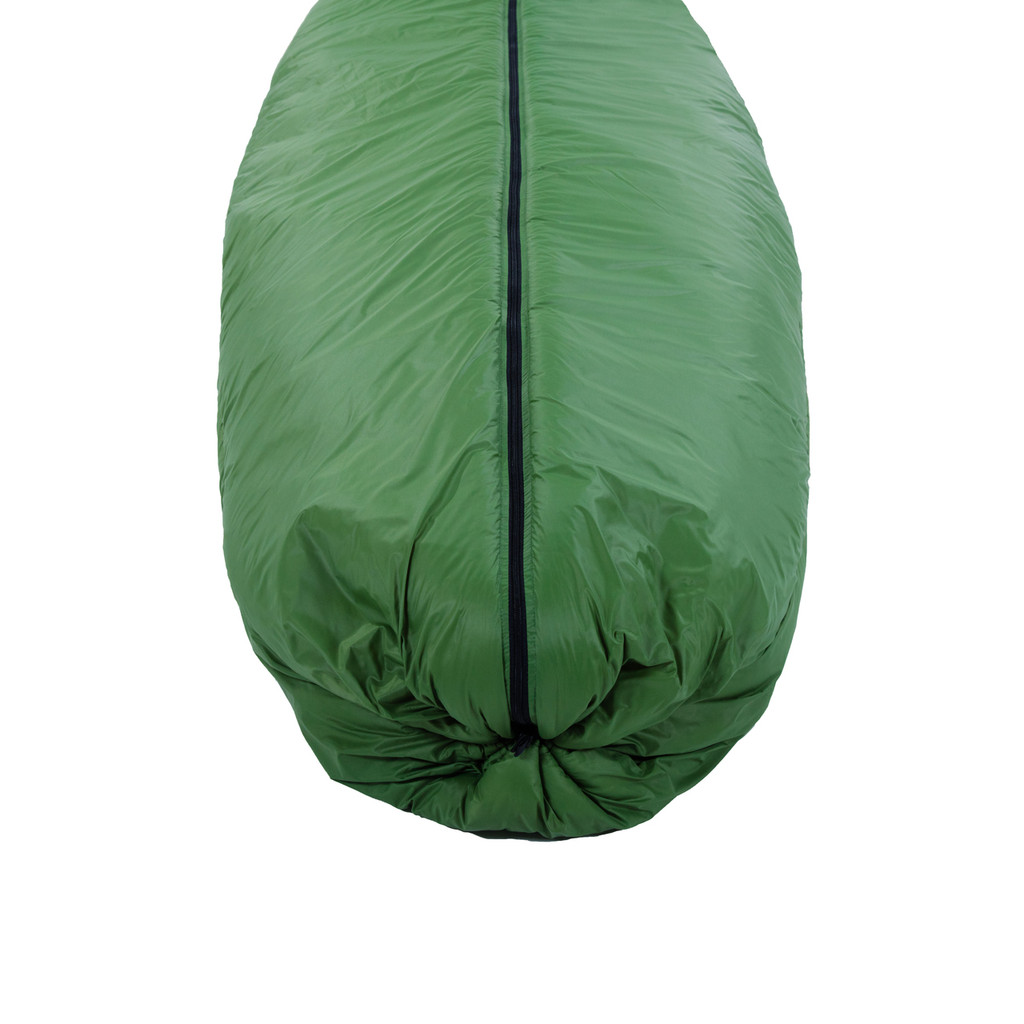 bottom view of a tightened adjustable foot box from a fern green shell lightweight synthetic sleeping bag quilt with a black interior