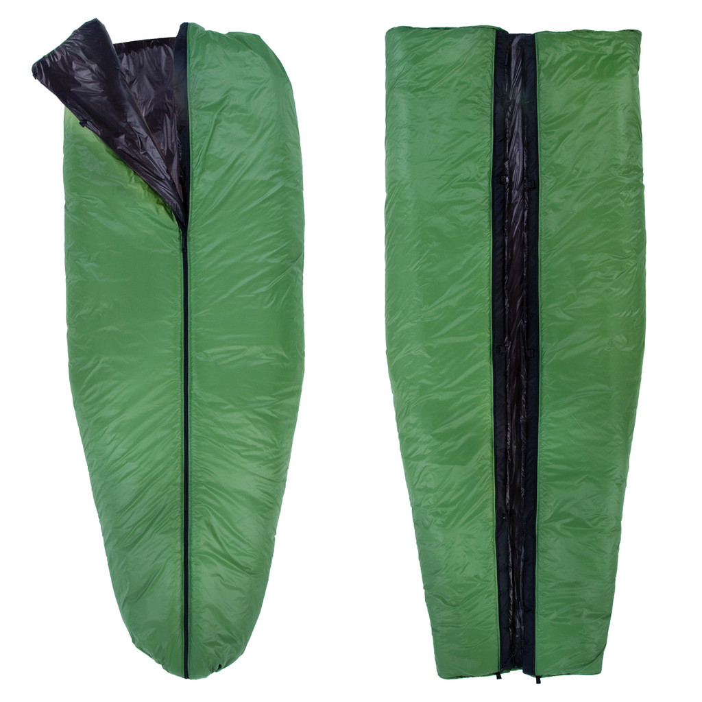 slightly open front and back view of a fern green shell lightweight synthetic sleeping bag quilt with a black interior