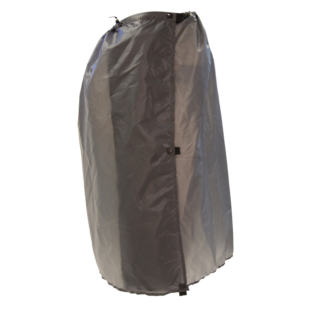 side view of an adjustable unisex charcoal grey lightweight, durable, functional rain coverage accessory 