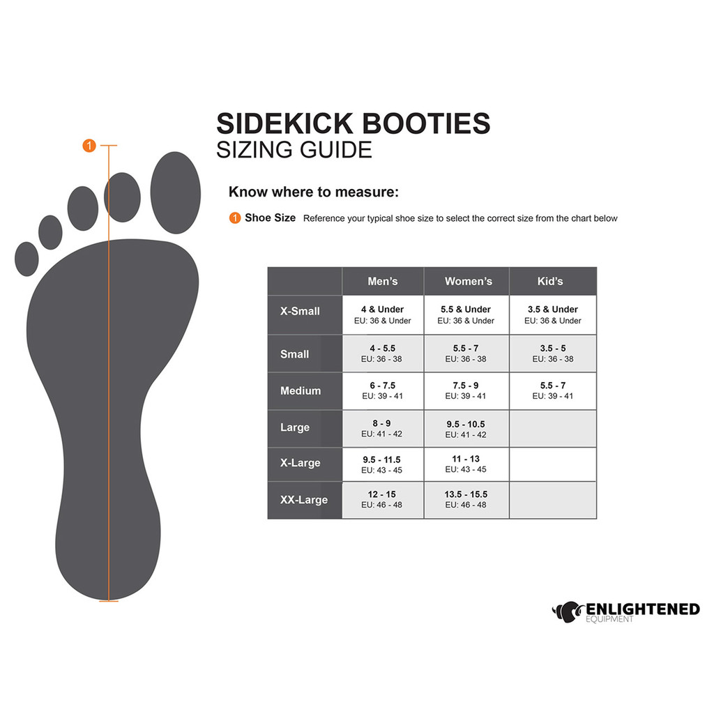 sizing chart for adjustable black and orange shell lightweight, comfortably warm, synthetic insulated, moisture controlled sock shoe boot with a charcoal grey interior