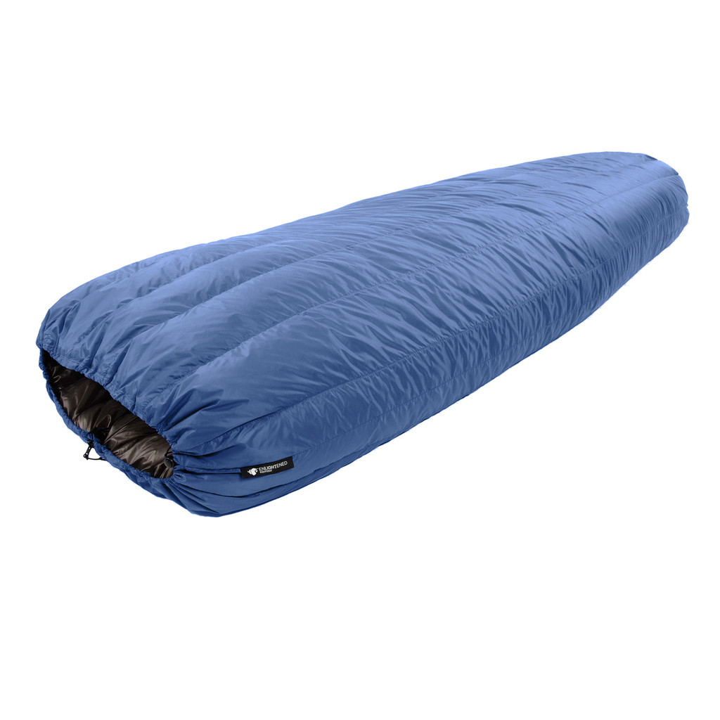 top view of an aegean shell lightweight down sleeping bag quilt with a black interior