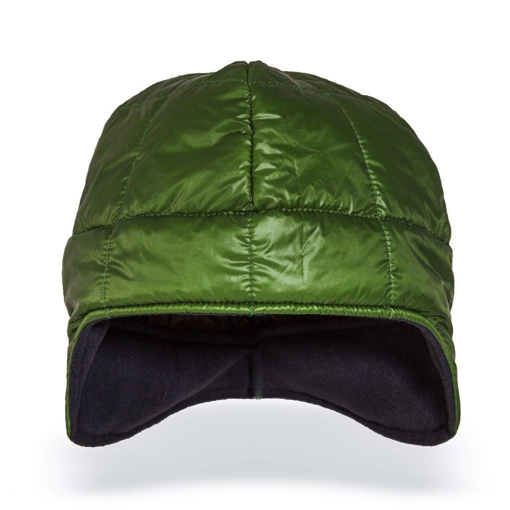 front view of a forest green lightweight, insulated, moisture resistant, warm temperature hat