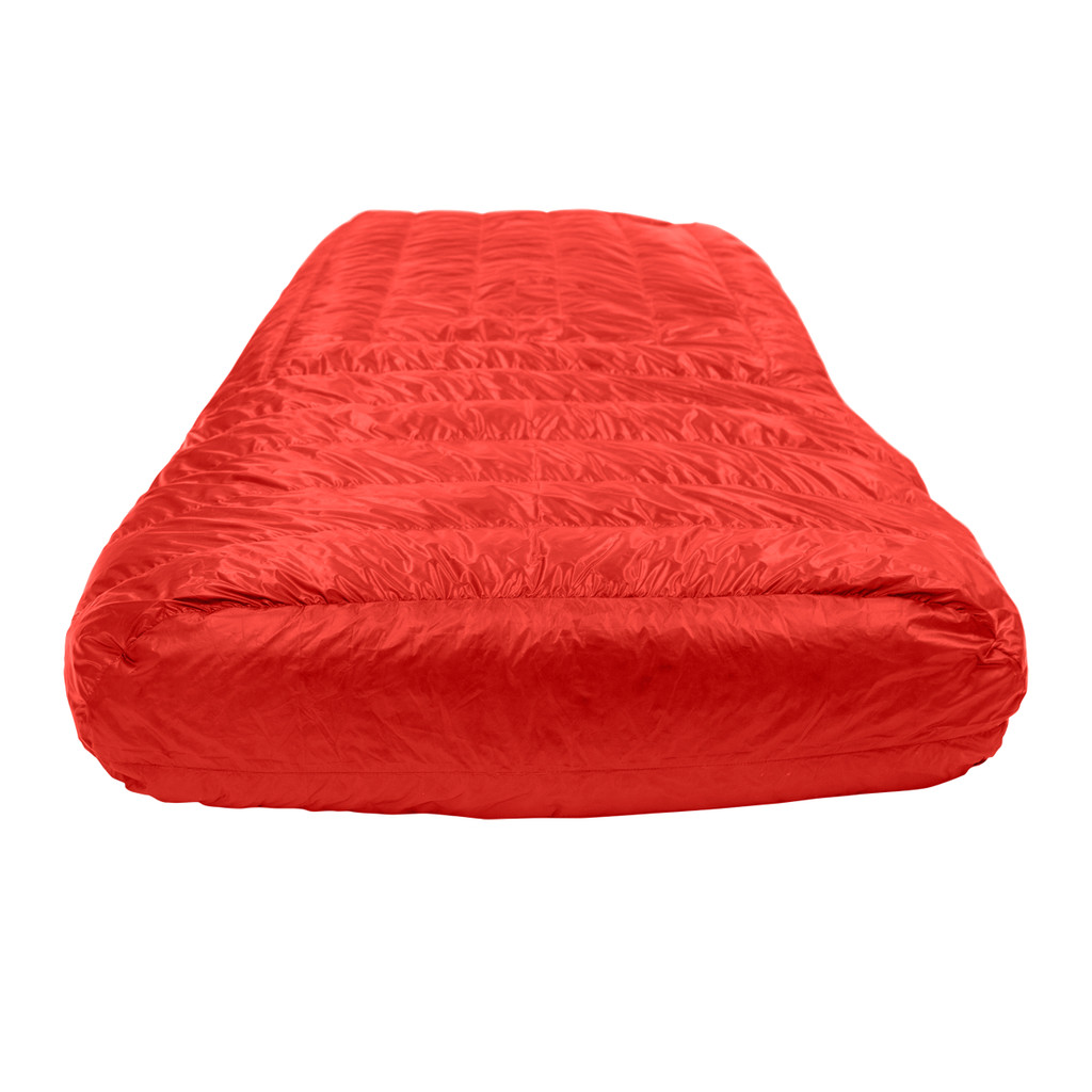 bottom view with a sewn-closed foot box from a red shell lightweight down multiple person sleeping bag quilt with a black interior 