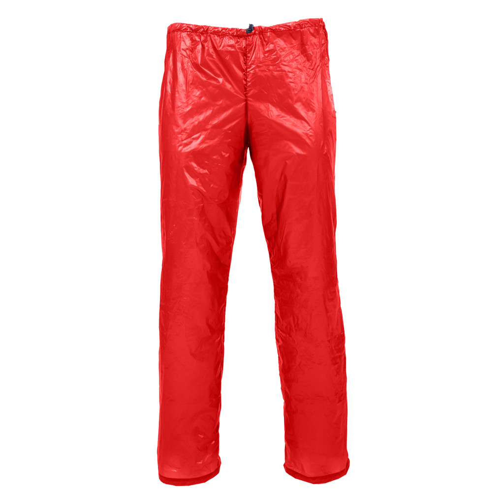 back view of a women's red shell lightweight, packable, insulating, wind protecting pants