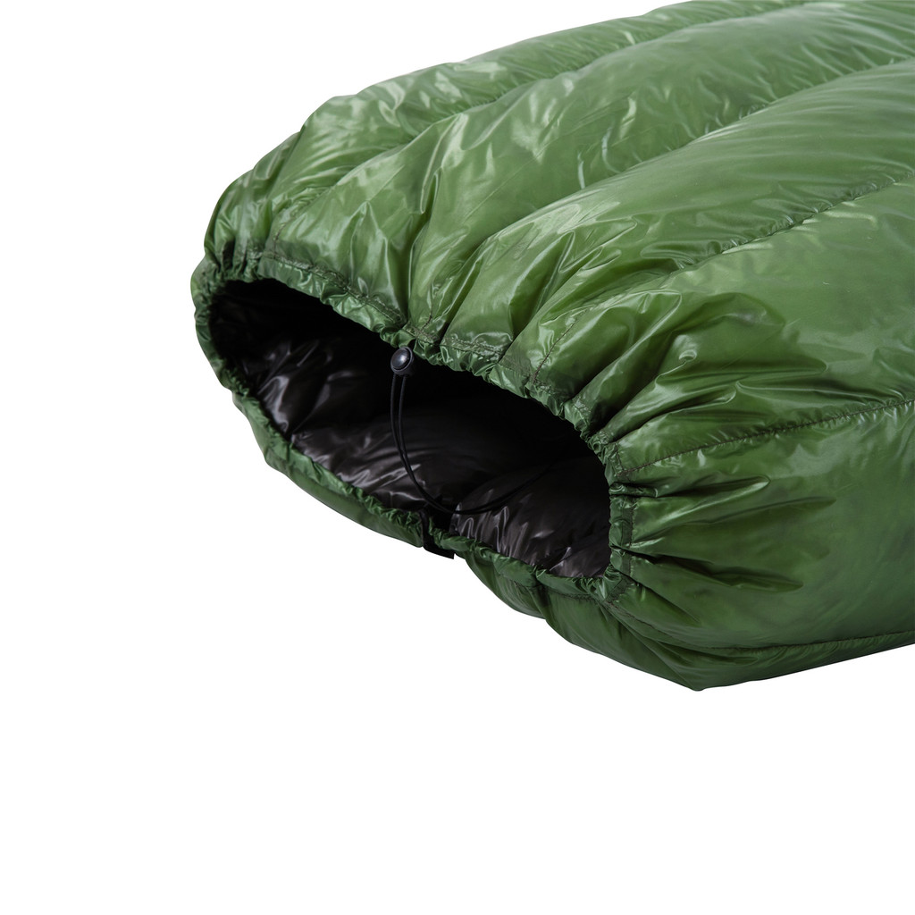 close up top view of a forest green shell lightweight down sleeping bag quilt with a charcoal gray interior