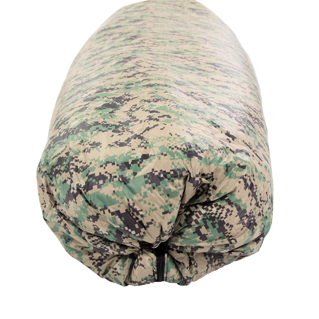 bottom view of an adjustable tightened foot box from a digicam camouflage shell lightweight synthetic sleeping bag quilt with a black interior