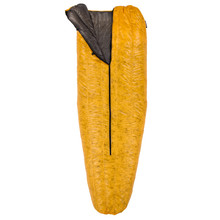 slightly open back view of a yellow shell lightweight down sleeping bag quilt with a charcoal grey interior