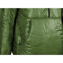 close up view of a large insulated pocket from a mens forest green shell, lightweight, synthetic insulated, warm temperature, durable, hooded pullover zip up jacket with a charcoal liner 