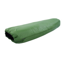 top side view of a fern green shell lightweight synthetic sleeping bag quilt with a black interior