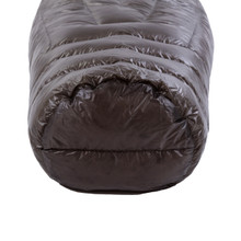 bottom view of a sewn closed foot box from a charcoal shell lightweight down sleeping bag quilt with a yellow interior