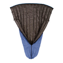 open view of an aegean shell lightweight down sleeping bag quilt with a black interior
