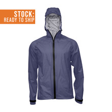 front view of a mens blue lightweight breathable waterproof hooded zip up jacket