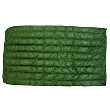 outside view of a forest green shell lightweight down under-quilt for hammock with a black interior 