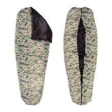 slightly opened up front and back view of digicam camouflage shell lightweight synthetic sleeping bag quilt with a black interior