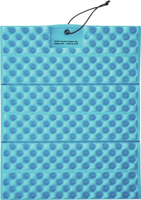 front side view of a limon and silver accordion style, closed-cell foam, indestructible, design used as a comfortable camping seat