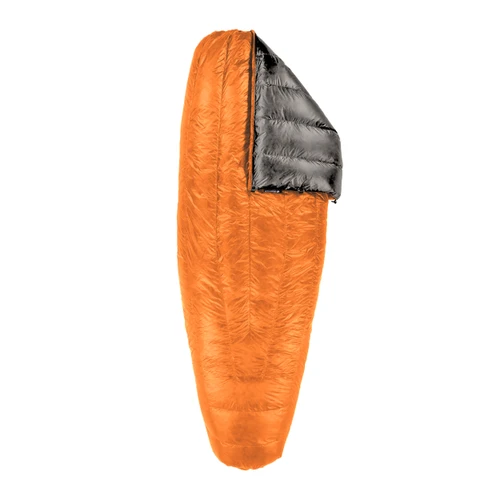 slightly open view of an orange shell lightweight down quilt with a charcoal gray interior - best backpacking quilts for thru-hiking