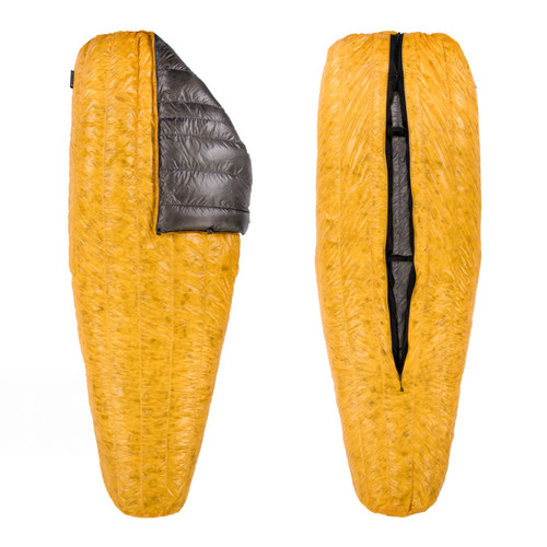 slightly open front and back view of a yellow shell lightweight down sleeping bag quilt with a charcoal grey interior