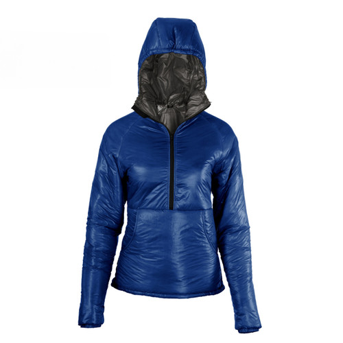 front view of a women's navy blue shell, lightweight, synthetic insulated, warm temperature, durable pullover zip up jacket with a charcoal liner 