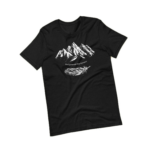 Laid out black T-Shirt with design of a feather in front of  mountains.