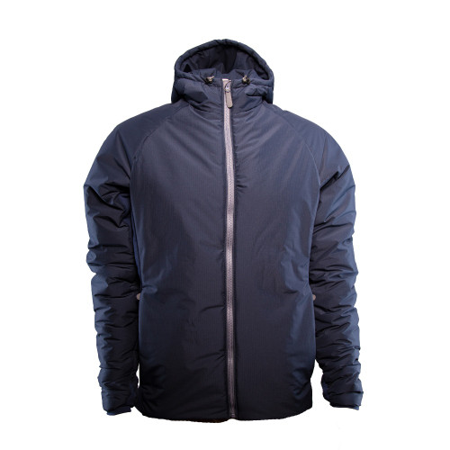 front view of men's outcast navy/grey outcast jacket with hood