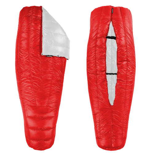 slightly opened up front and back view of a red shell lightweight down sleeping bag quilt with a white blaze interior 