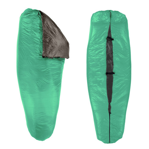 slightly opened up front and back view of Robins Egg shell lightweight synthetic sleeping bag quilt with a Charcoal interior