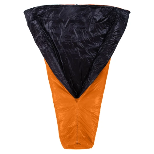 open view of a burnt orange shell light weight synthetic sleeping bag quilt with a black interior
