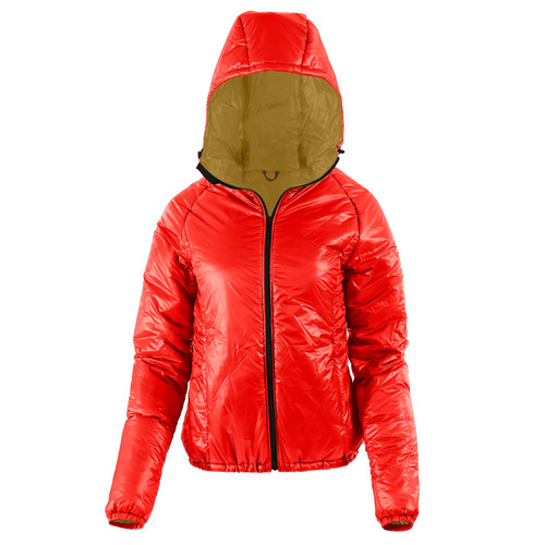 front view of a women's red shell lightweight, warm, wind protection, and, moisture resistant, insulated, jacket with coyote liner