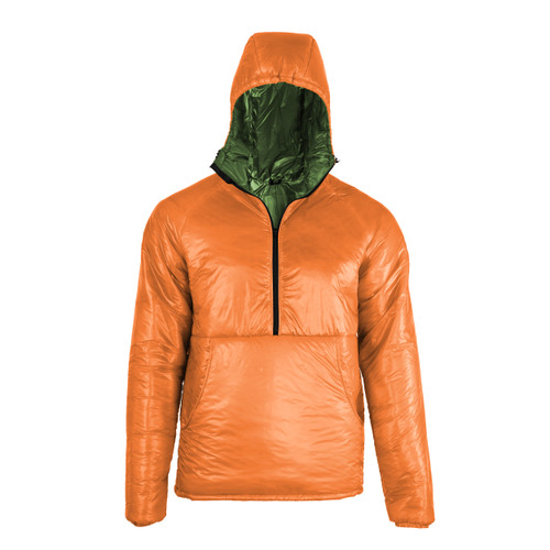 front view a mens salmon orange shell, lightweight, synthetic insulated, warm temperature, durable, hooded pullover zip up jacket with a forest green liner 