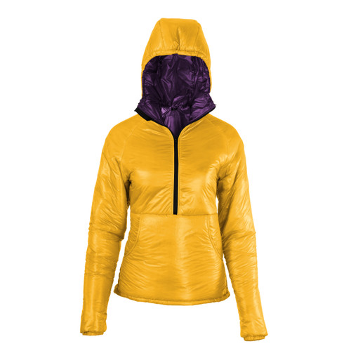 front view of a women's yellow shell, lightweight, synthetic insulated, warm temperature, durable, pullover zip up jacket with a purple liner 