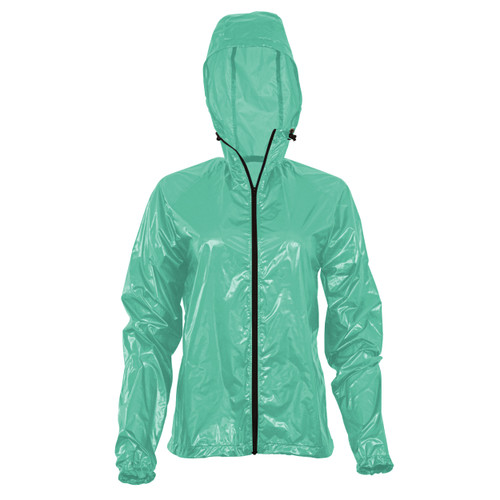 front view of a women's robin egg blue lightweight, packable, wind manageable,  warm temperature shirt jacket 