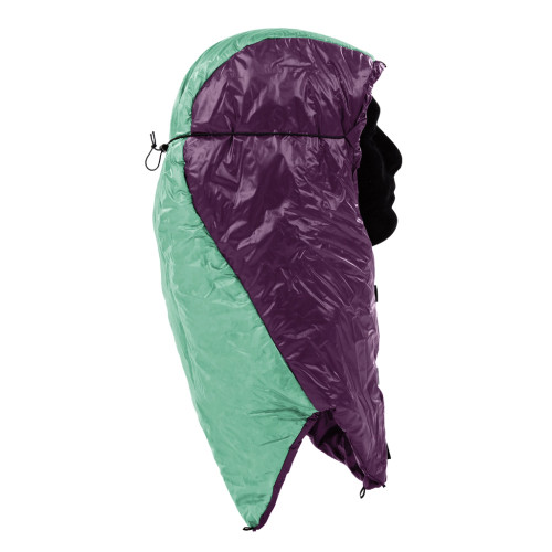 side view of a purple and robin egg blue adjustable lightweight, synthetic insulated, warm hood