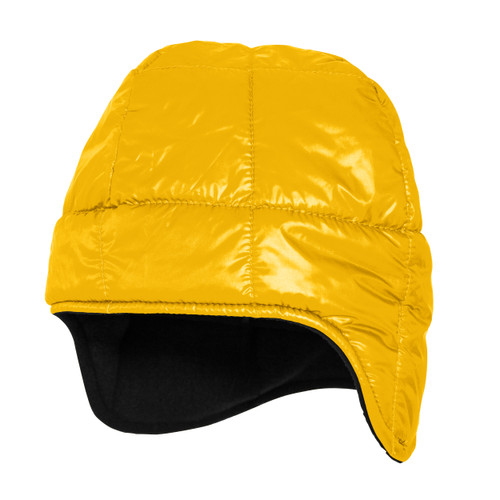 front side view of a yellow lightweight, insulated, moisture resistant, warm temperature hat