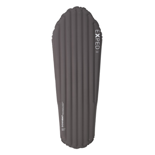 front view of a grey lightweight, comfortable, packable sleeping pad used for outdoor adventures