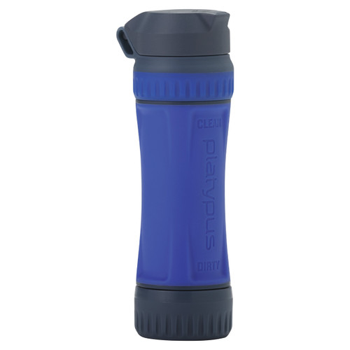 blue handled, gray ultralight water filter for backpacking used to purify water