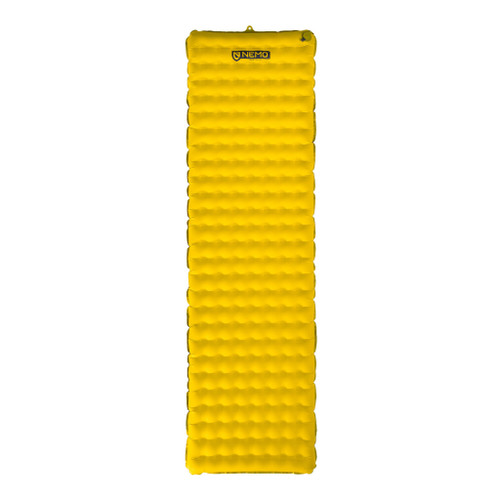 front view of a yellow quiet, supportive, comfortable, lightweight, packable, stable, protecting sleeping bag made with lightweight materials and polyester fabrics