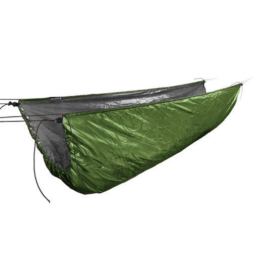 a picture of a forest and charcoal revolt apex custom underquilt hanging in the air
