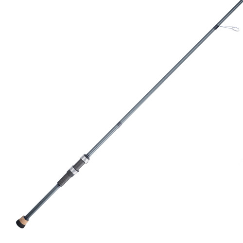 Fishing rod with cork butt grip, reel seat, and metal line guides on a white background