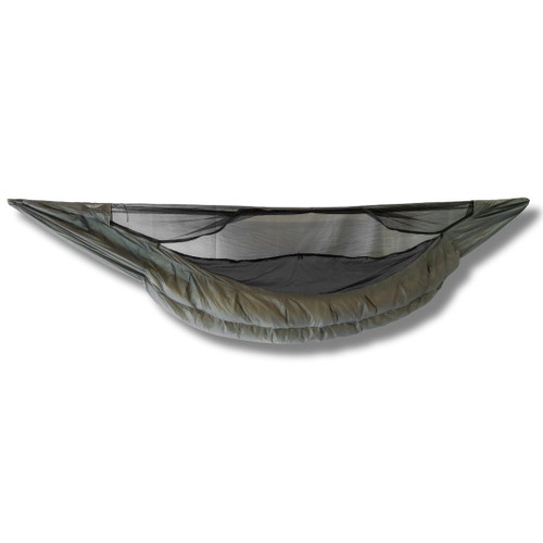 Superior Hammock 11ft Gray 30F with integrated bug net and insulated underquilt isolated on white background
