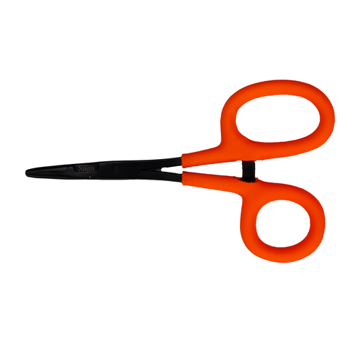Saga Forceps with orange grip handles and black locking jaws for fishing use