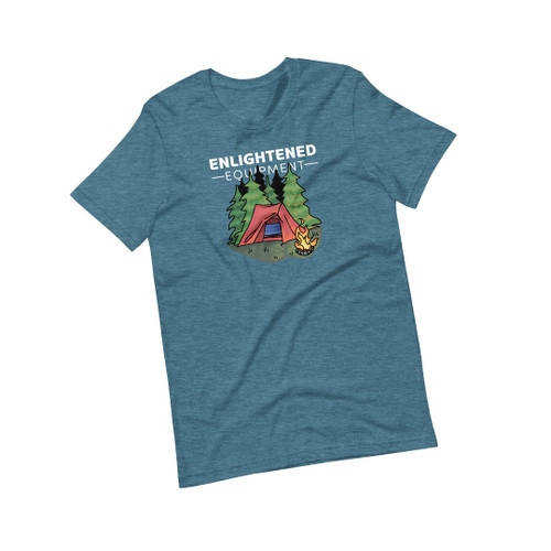 Heather deep teal unisex t-shirt with Enlightened Equipment logo and tent campfire graphic, laid flat