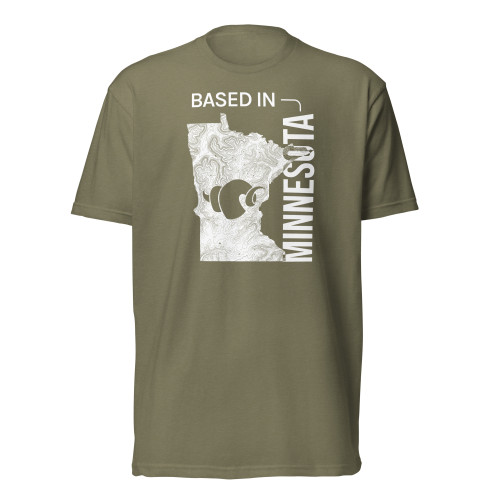 Olive green Enlightened Equipment t-shirt with a ‘Based in Minnesota’ state graphic on the chest