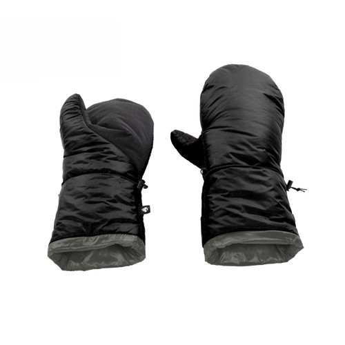 front and back view of black shell all weather performance, washable, packable, lightweight, mittens with charcoal liner