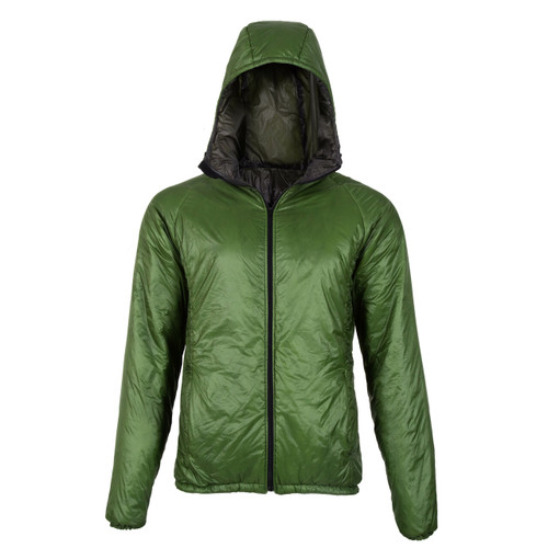 front view of a men's Forest shell  lightweight, warm, wind protection, and, moisture resistant, insulated, jacket with Charcoal liner