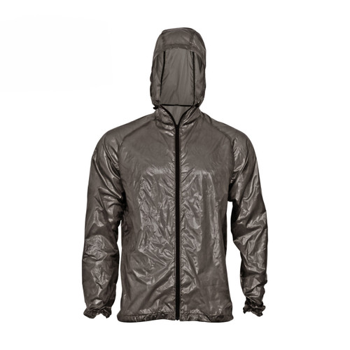 front view of a mens charcoal grey lightweight, packable, wind manageable,  warm temperature shirt jacket