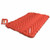 front side view of a layed out sleeping pad and a packed up sleeping pad from a red lightweight side by side, easy, comfortable, cost effective, packable,  sleeping pad made from light fabrics and polyester 