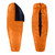 slightly open front an back view of a burnt orange shell light weight synthetic sleeping bag quilt with a black interior