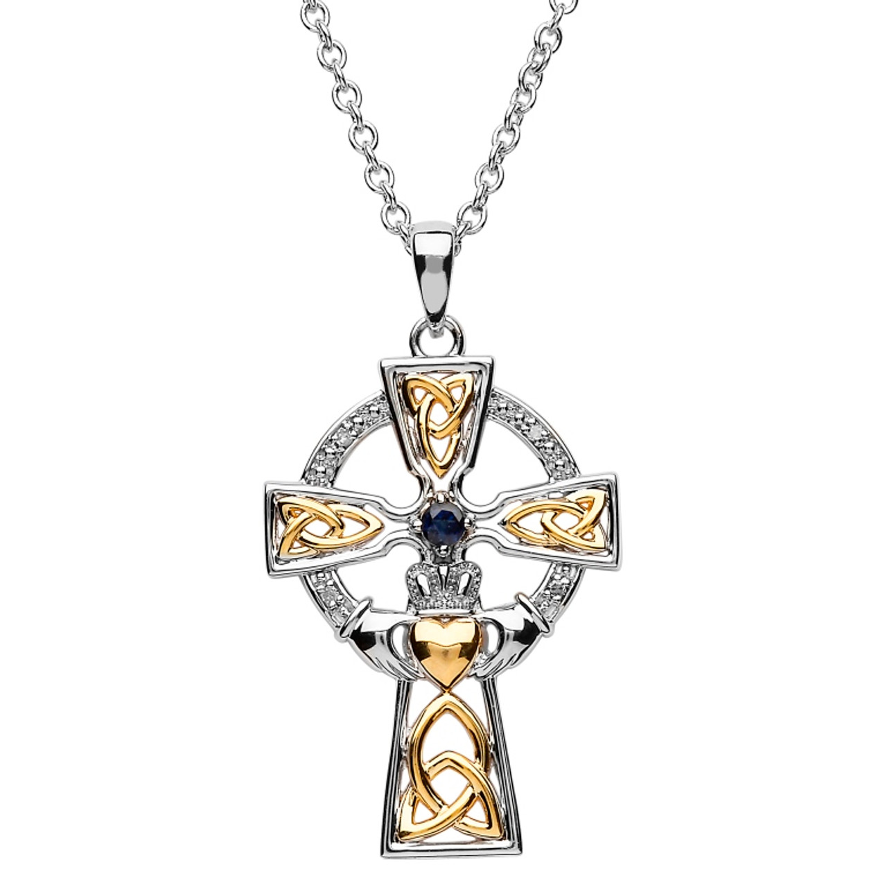 Sterling Silver Yellow Gold Plated Trinity Knot Claddagh Celtic Cross  Pendant Embellished with Swarovski® Sapphire and White Crystals