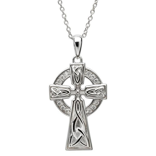 Sterling Silver CZ Set Large Trinity Knot Celtic Cross Pendant