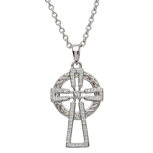 Sterling Silver Open Celtic Cross Pendant Embellished with Swarovski® White Crystals